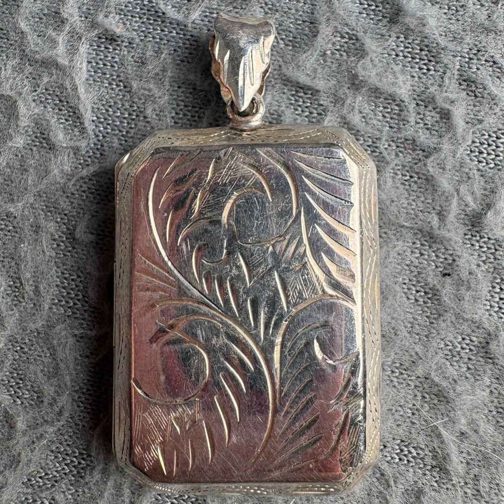 Vintage Sterling Silver 925 Engraved Rectangular Book Locket Pendant Floral
